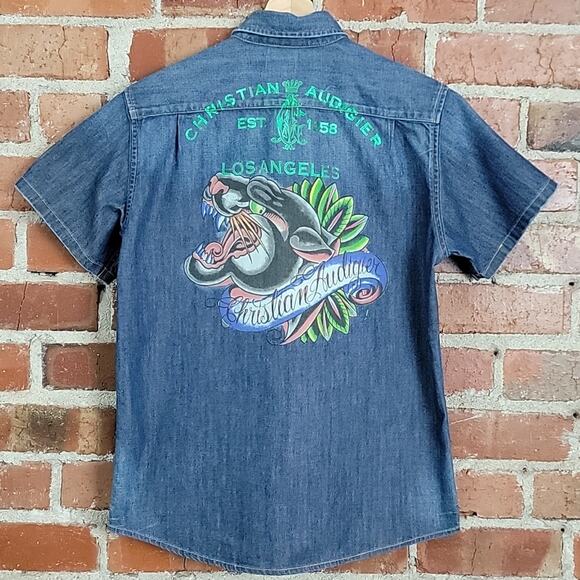 Christian Audigier Kids Chambray Button-up Short Sleeve Graphic Shirt 12 - Picture 6 of 13